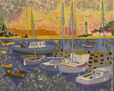 le port et ses bâteaux peint au couteau et pinceau